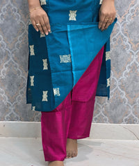 Peacock Blue and Pink Color Premium Raw Silk 3 Piece Salwar Set with Lining / LSS194