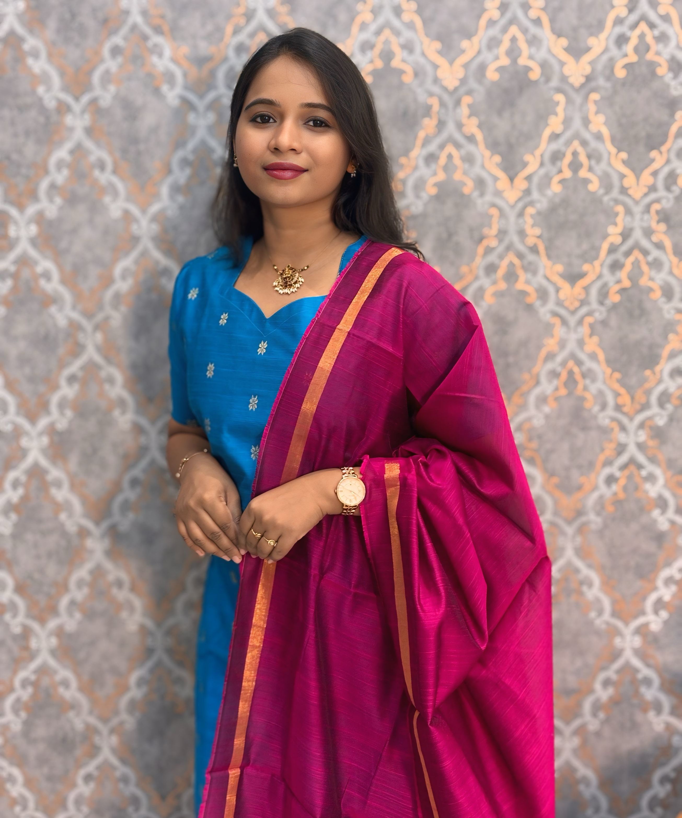 Blue and Pink Color Premium Raw Silk 3 Piece Salwar Set with Lining / LSS194