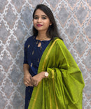 Navy Blue and Green Color Premium Raw Silk 3 Piece Salwar Set with Lining / LSS194