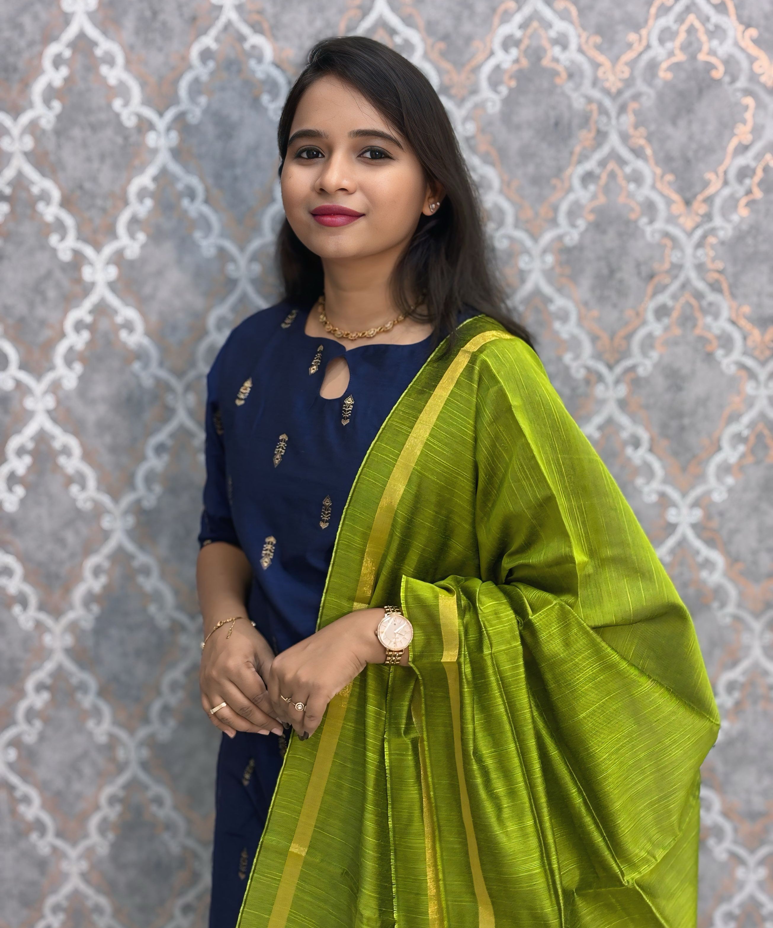 Navy Blue and Green Color Premium Raw Silk 3 Piece Salwar Set with Lining / LSS194