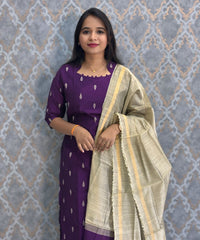 Dark Purple and Beige Color Premium Raw Silk 3 Piece Salwar Set with Lining / LSS194