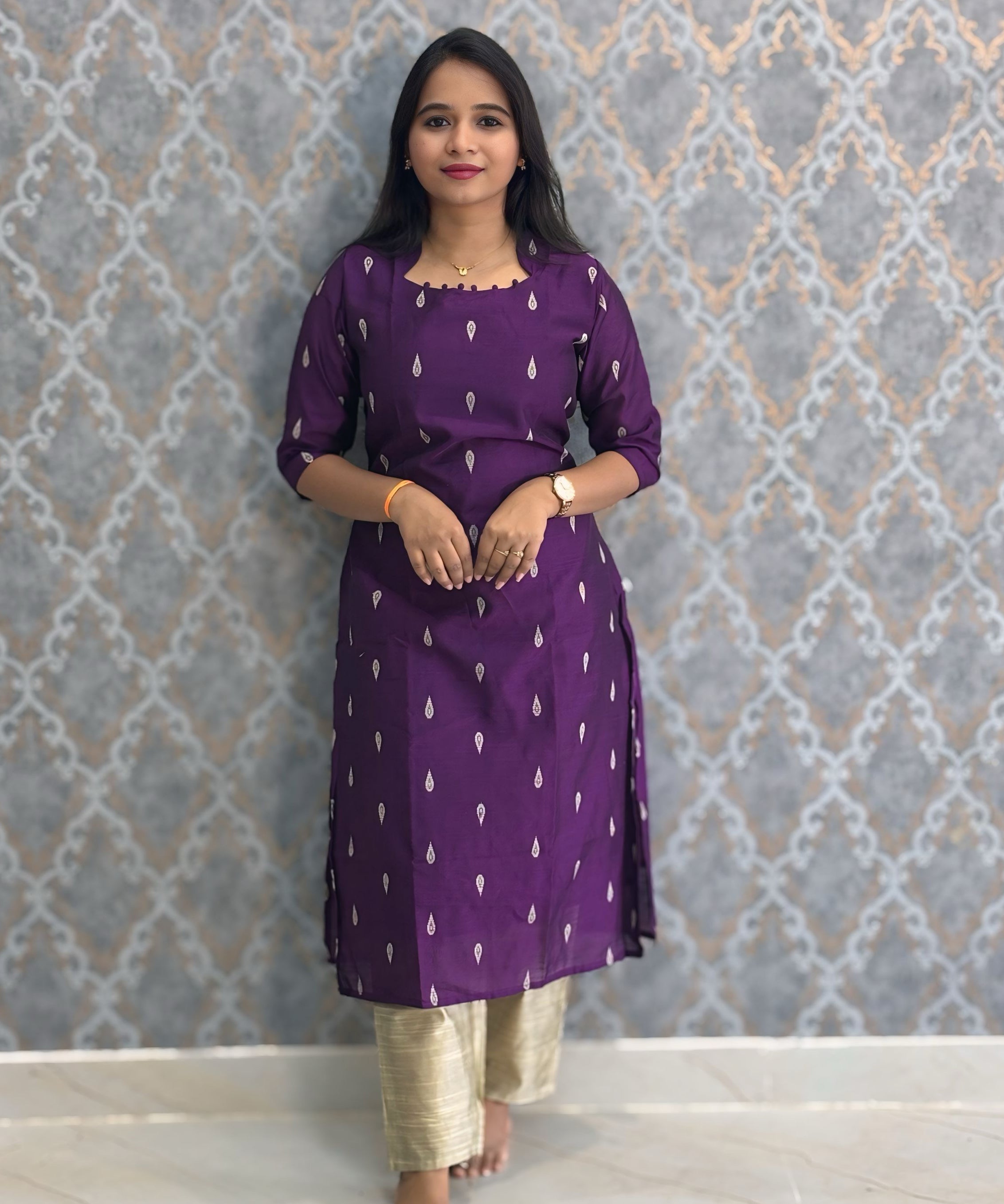 Dark Purple and Beige Color Premium Raw Silk 3 Piece Salwar Set with Lining / LSS194