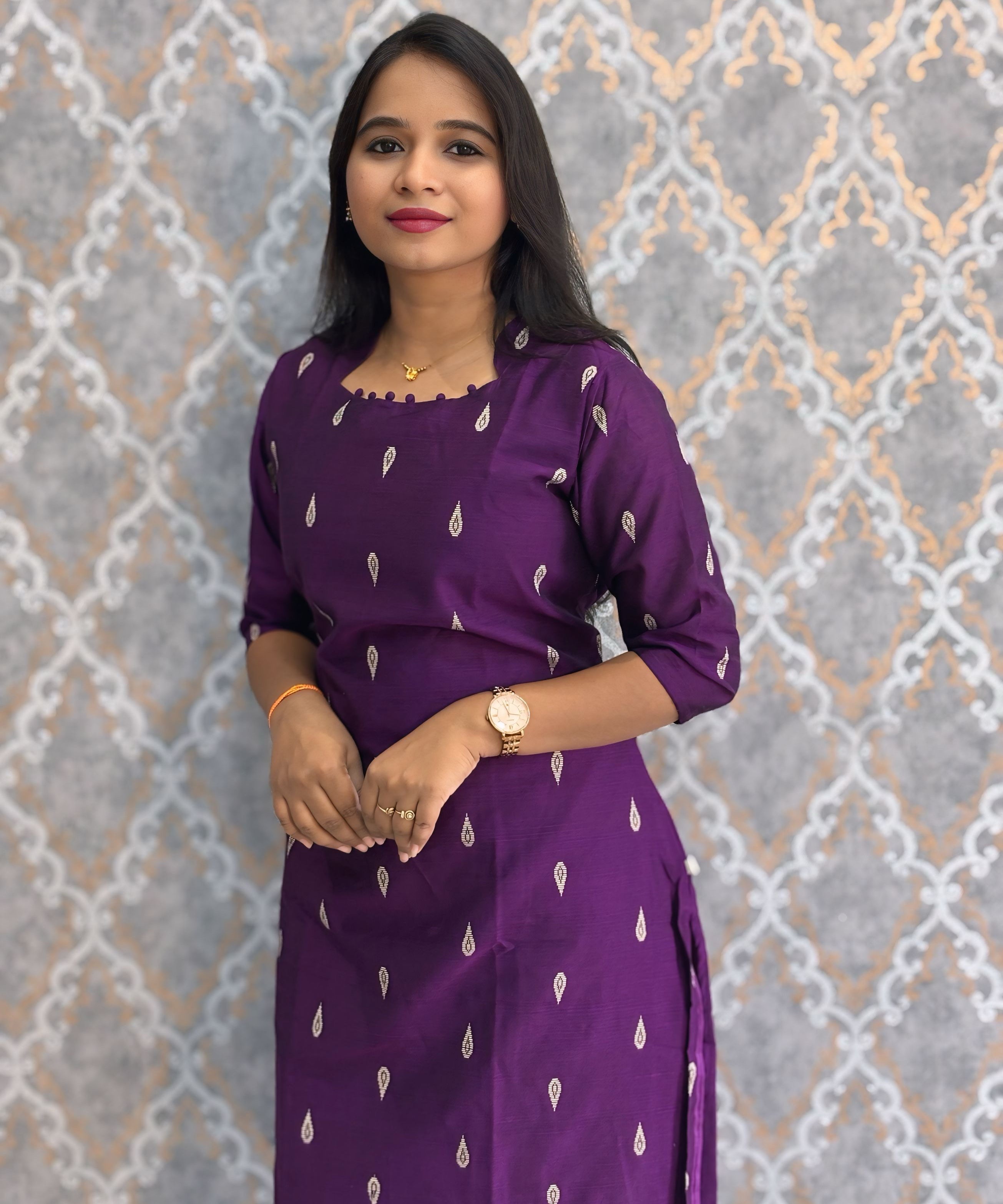 Dark Purple and Beige Color Premium Raw Silk 3 Piece Salwar Set with Lining / LSS194