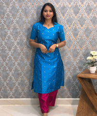 Blue and Pink Color Premium Raw Silk 3 Piece Salwar Set with Lining / LSS194