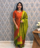 Orange and Green Color Sweet Heart Neck Premium Raw Silk 3 Piece Salwar Set with Lining / LSS194