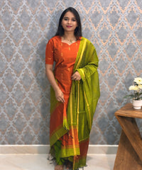 Orange and Green Color Sweet Heart Neck Premium Raw Silk 3 Piece Salwar Set with Lining / LSS194