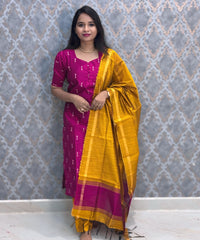 Pink and Yellow Color Premium Raw Silk 3 Piece Salwar Set with Lining / LSS194