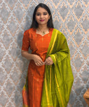 Orange and Green Color Sweet Heart Neck Premium Raw Silk 3 Piece Salwar Set with Lining / LSS194