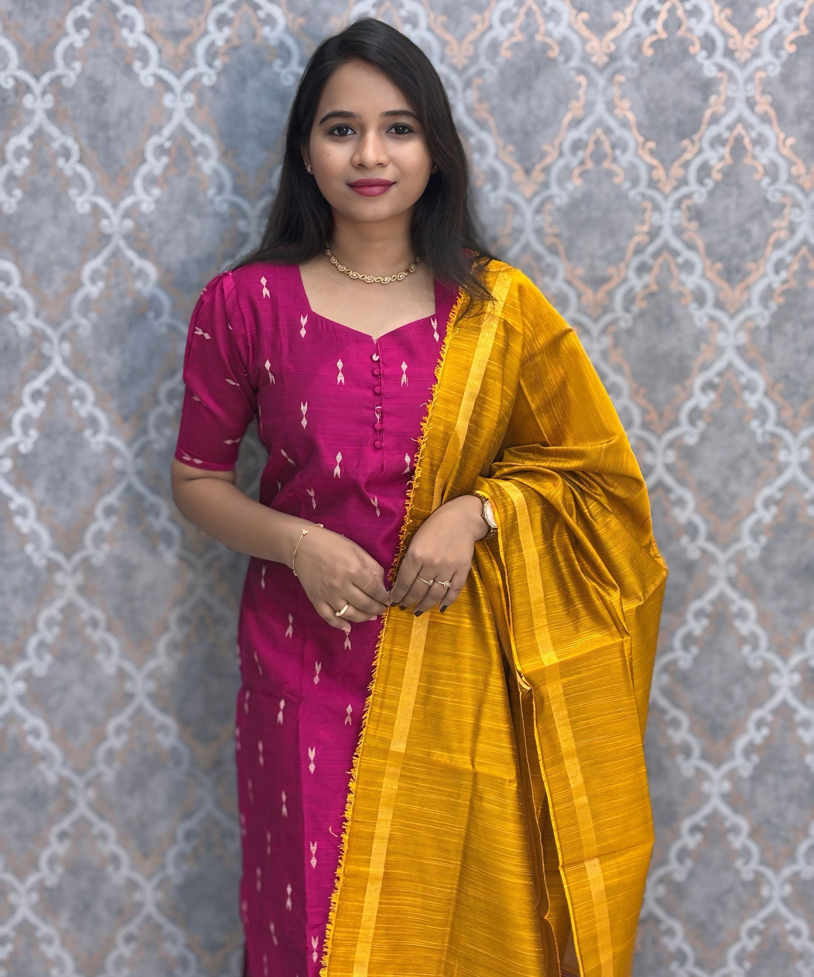 Pink and Yellow Color Premium Raw Silk 3 Piece Salwar Set with Lining / LSS194