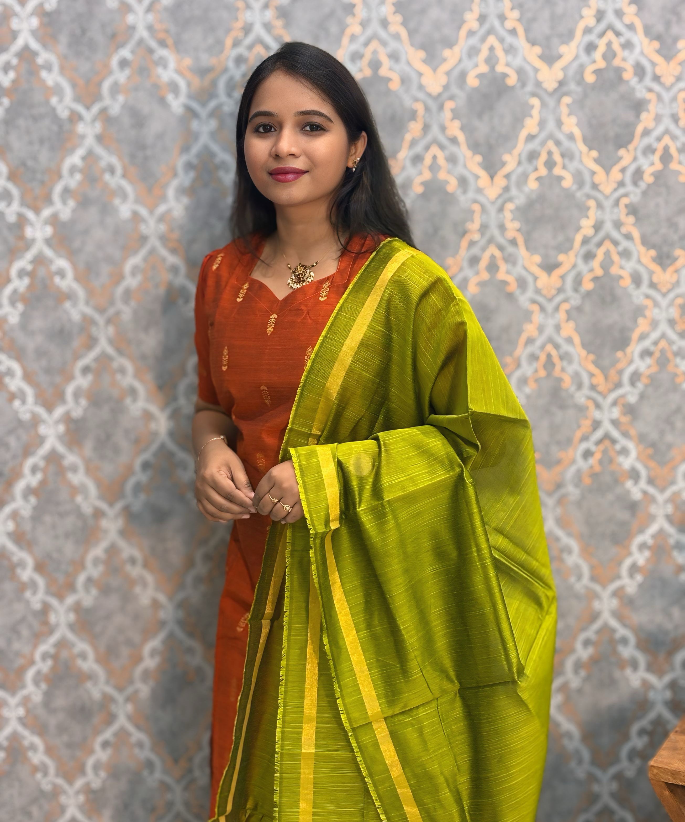 Orange and Green Color Sweet Heart Neck Premium Raw Silk 3 Piece Salwar Set with Lining / LSS194