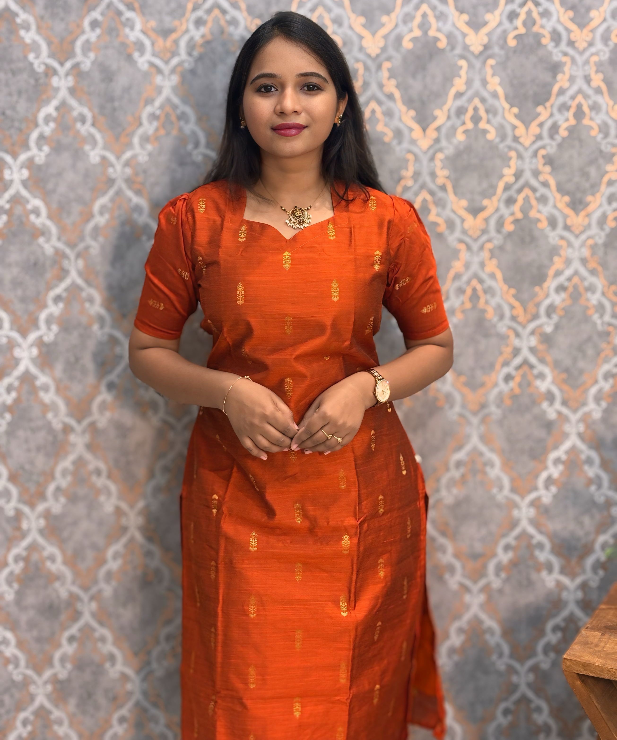 Orange and Green Color Sweet Heart Neck Premium Raw Silk 3 Piece Salwar Set with Lining / LSS194