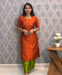 Orange and Green Color Sweet Heart Neck Premium Raw Silk 3 Piece Salwar Set with Lining / LSS194