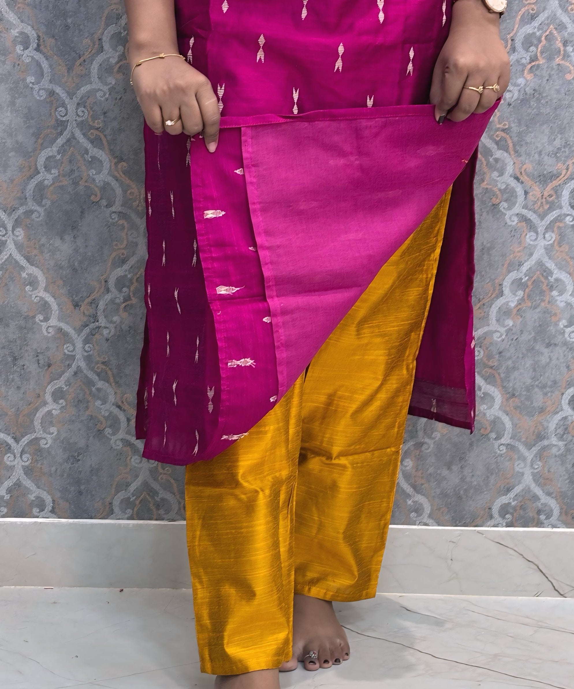 Pink and Yellow Color Premium Raw Silk 3 Piece Salwar Set with Lining / LSS194