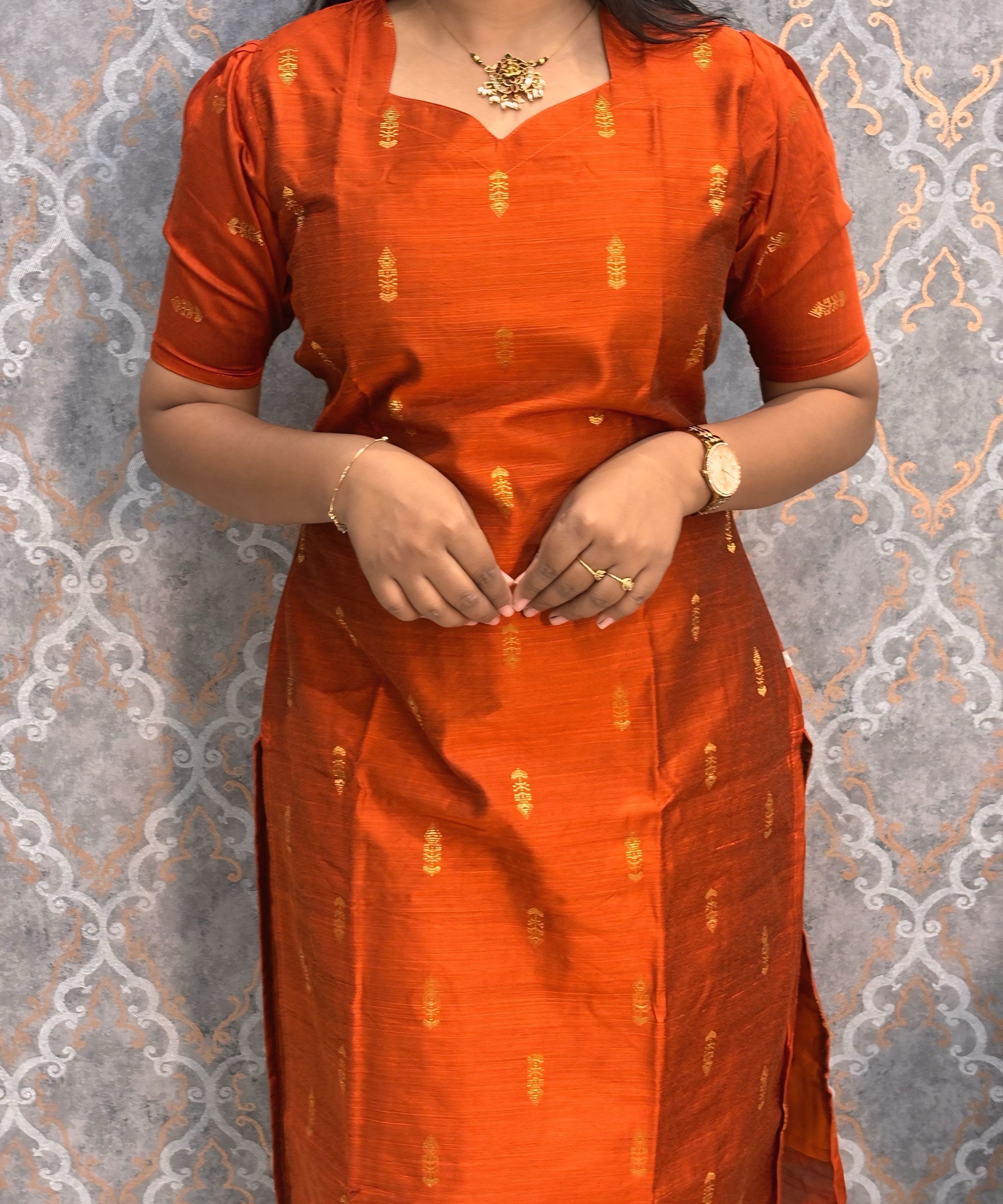 Orange and Green Color Sweet Heart Neck Premium Raw Silk 3 Piece Salwar Set with Lining / LSS194