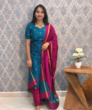 Peacock Blue and Pink Color Premium Raw Silk 3 Piece Salwar Set with Lining / LSS194