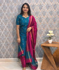 Peacock Blue and Pink Color Premium Raw Silk 3 Piece Salwar Set with Lining / LSS194