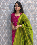 Pink and Green Color Premium Raw Silk 3 Piece Salwar Set with Lining / LSS194