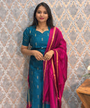 Peacock Blue and Pink Color Premium Raw Silk 3 Piece Salwar Set with Lining / LSS194