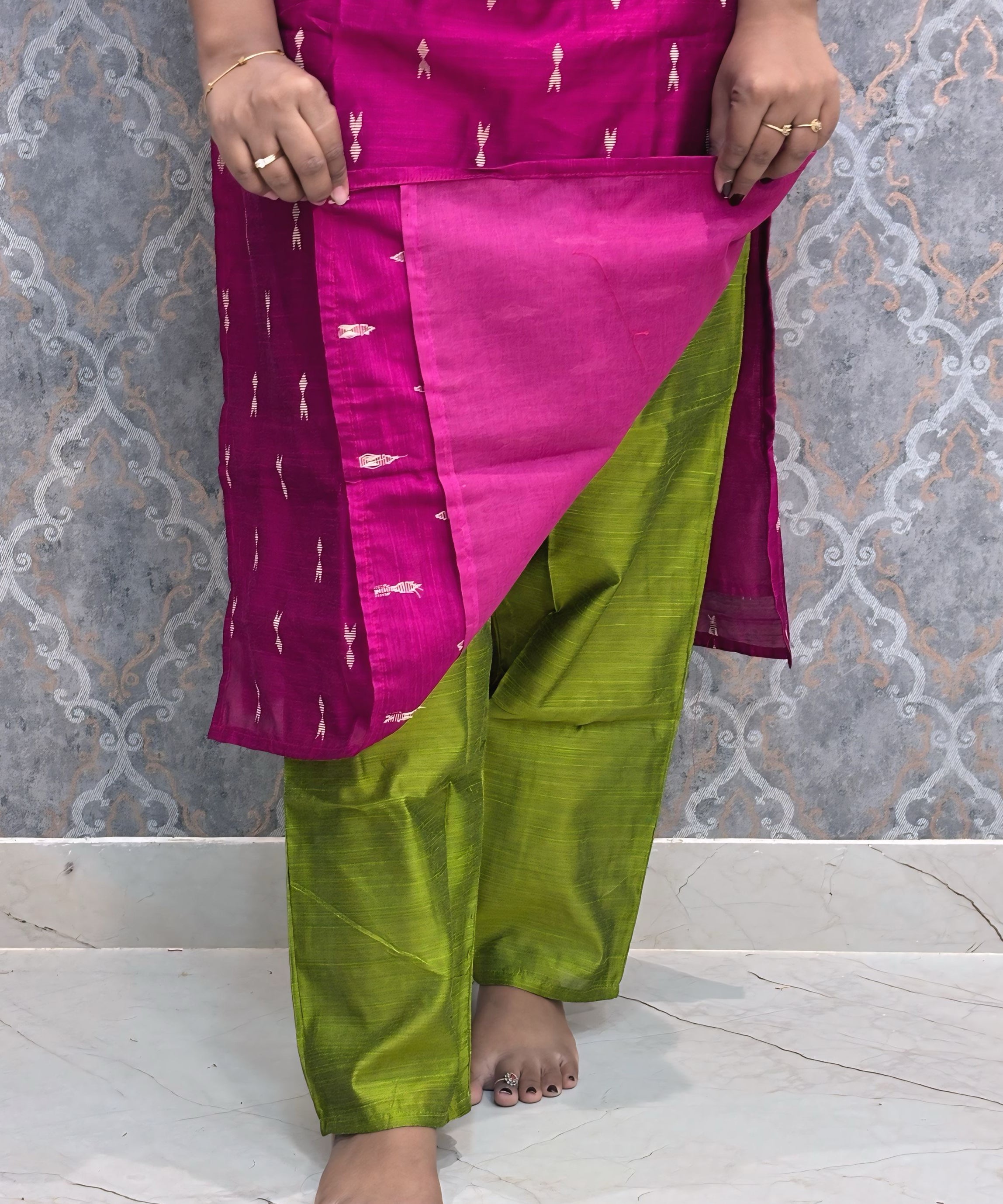 Pink and Green Color Premium Raw Silk 3 Piece Salwar Set with Lining / LSS194