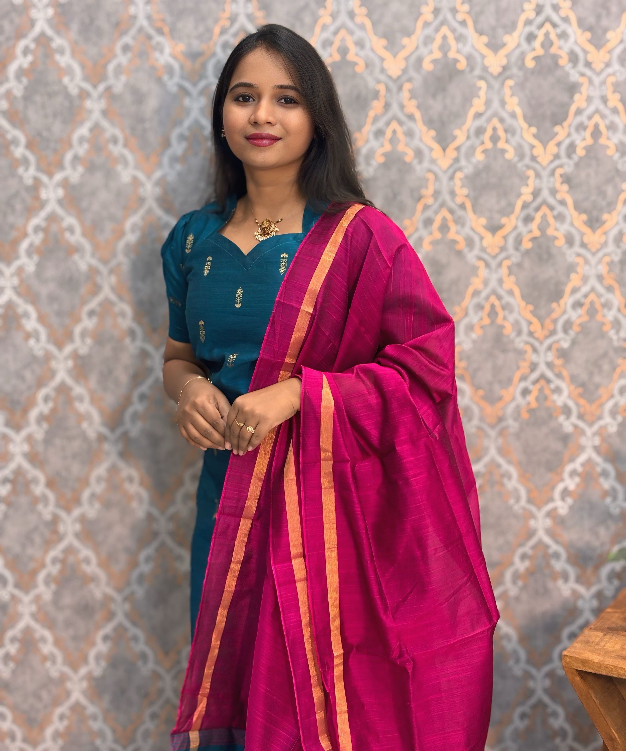 Peacock Blue and Pink Color Premium Raw Silk 3 Piece Salwar Set with Lining / LSS194