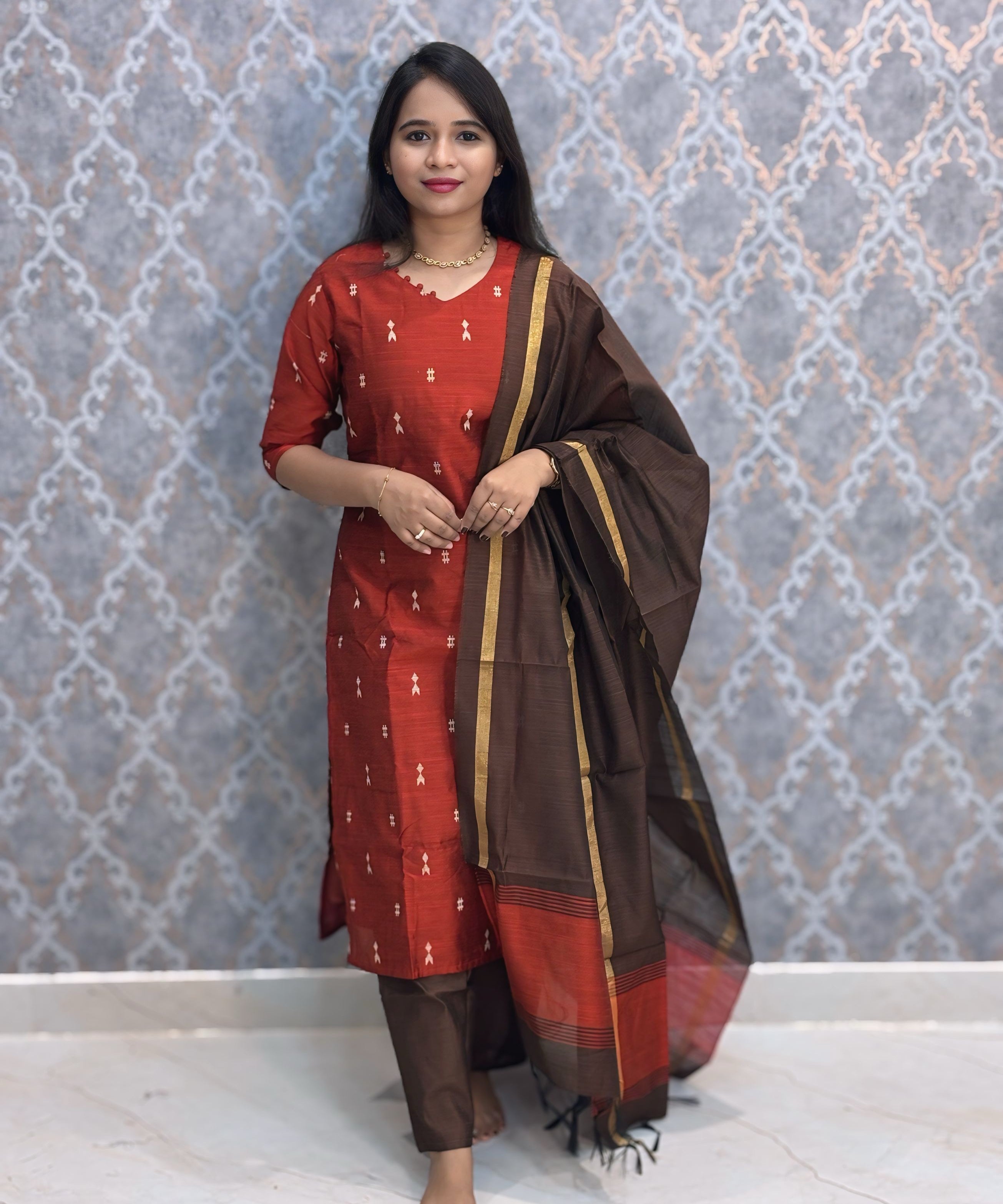 Rust Orange and Brown Color Premium Raw Silk 3 Piece Salwar Set with Lining / LSS194