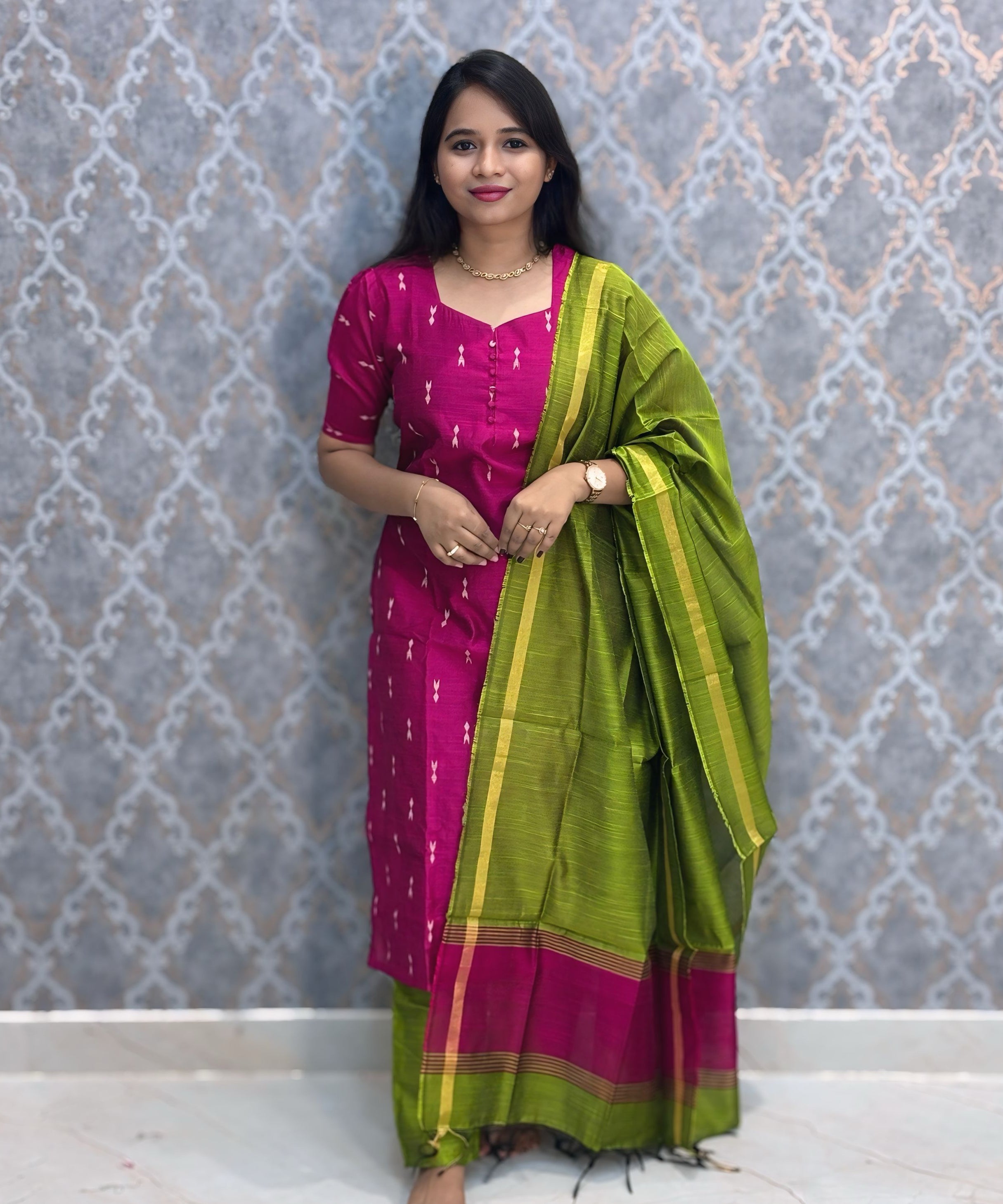 Pink and Green Color Premium Raw Silk 3 Piece Salwar Set with Lining / LSS194