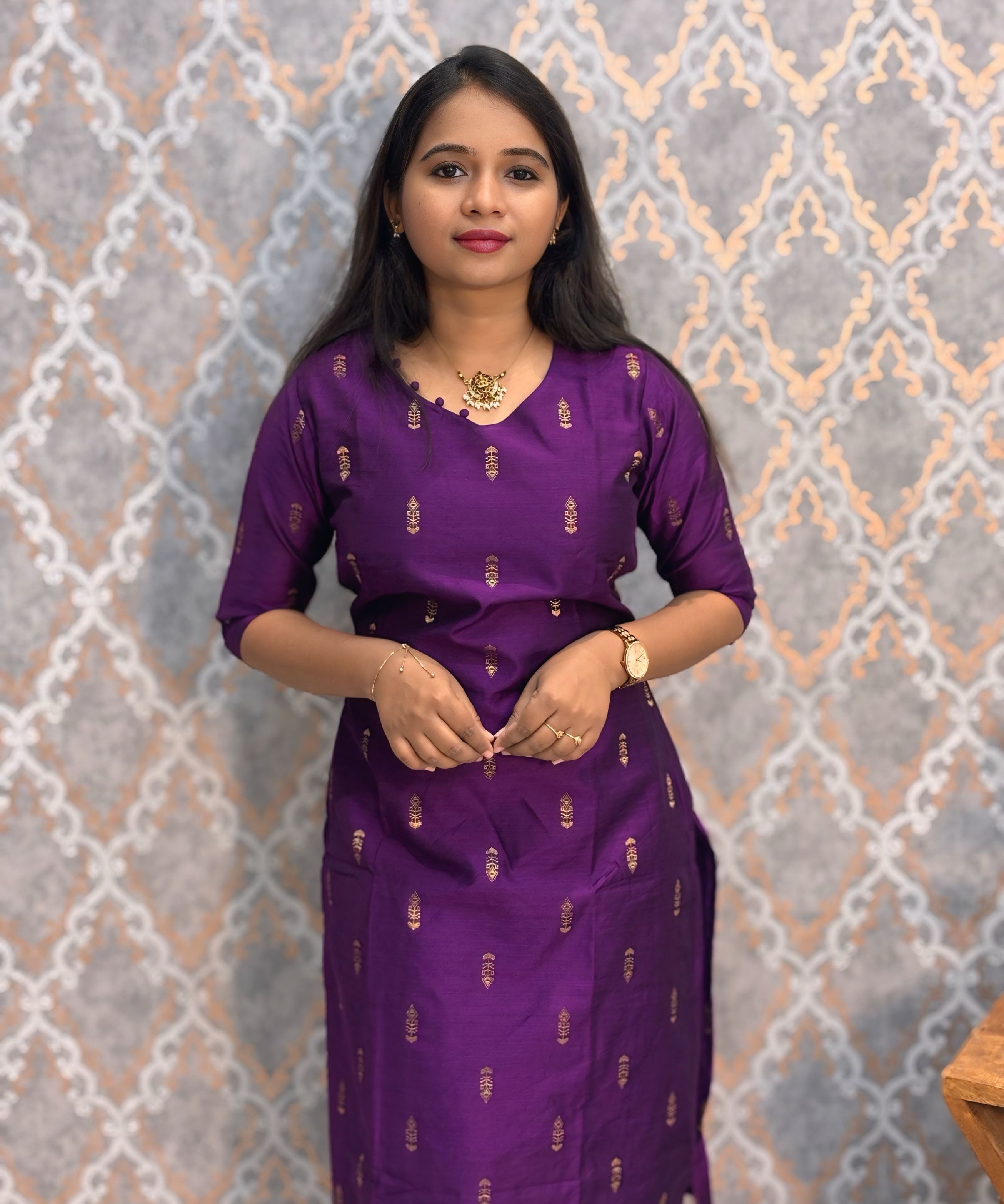 Dark Purple with Violet Color Premium Raw Silk 3 Piece Salwar Set with Lining / LSS194