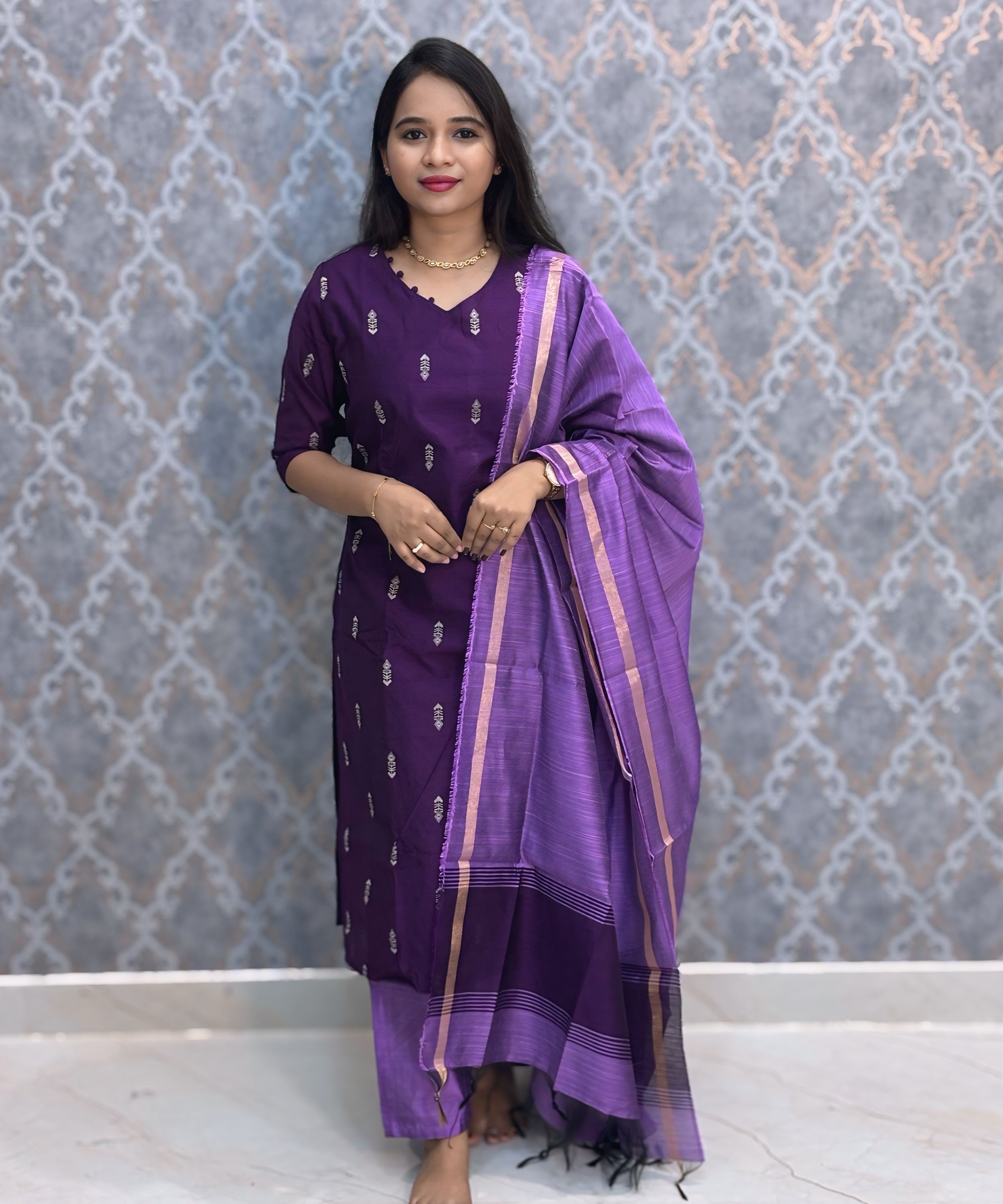 Purple and Lavender Color Big Butta Premium Raw Silk 3 Piece Salwar Set with Lining / LSS194