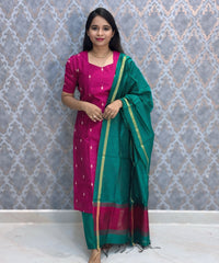 Pink and Rama Green Color Premium Raw Silk 3 Piece Salwar Set with Lining / LSS194