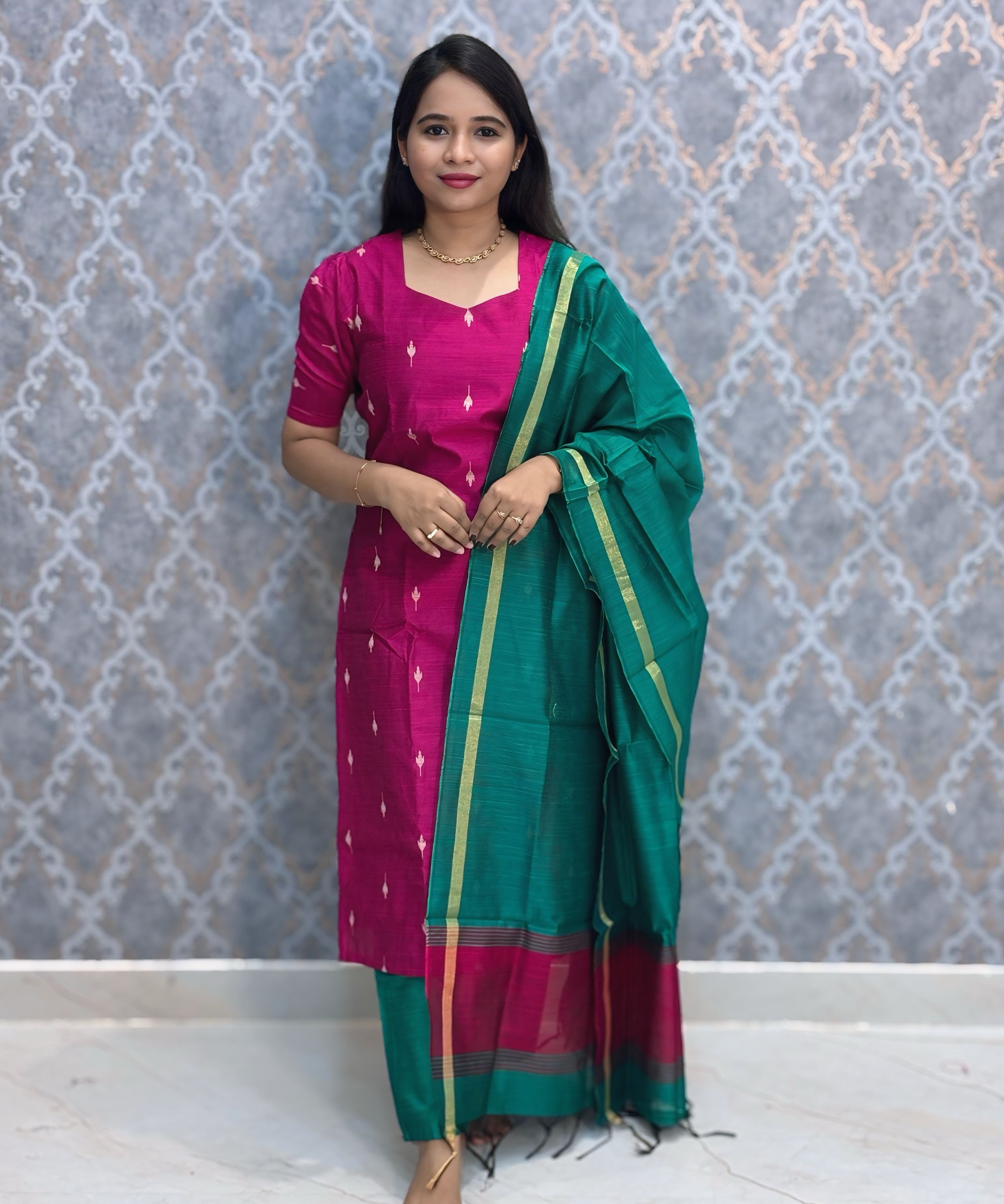 Pink and Rama Green Color Premium Raw Silk 3 Piece Salwar Set with Lining / LSS194