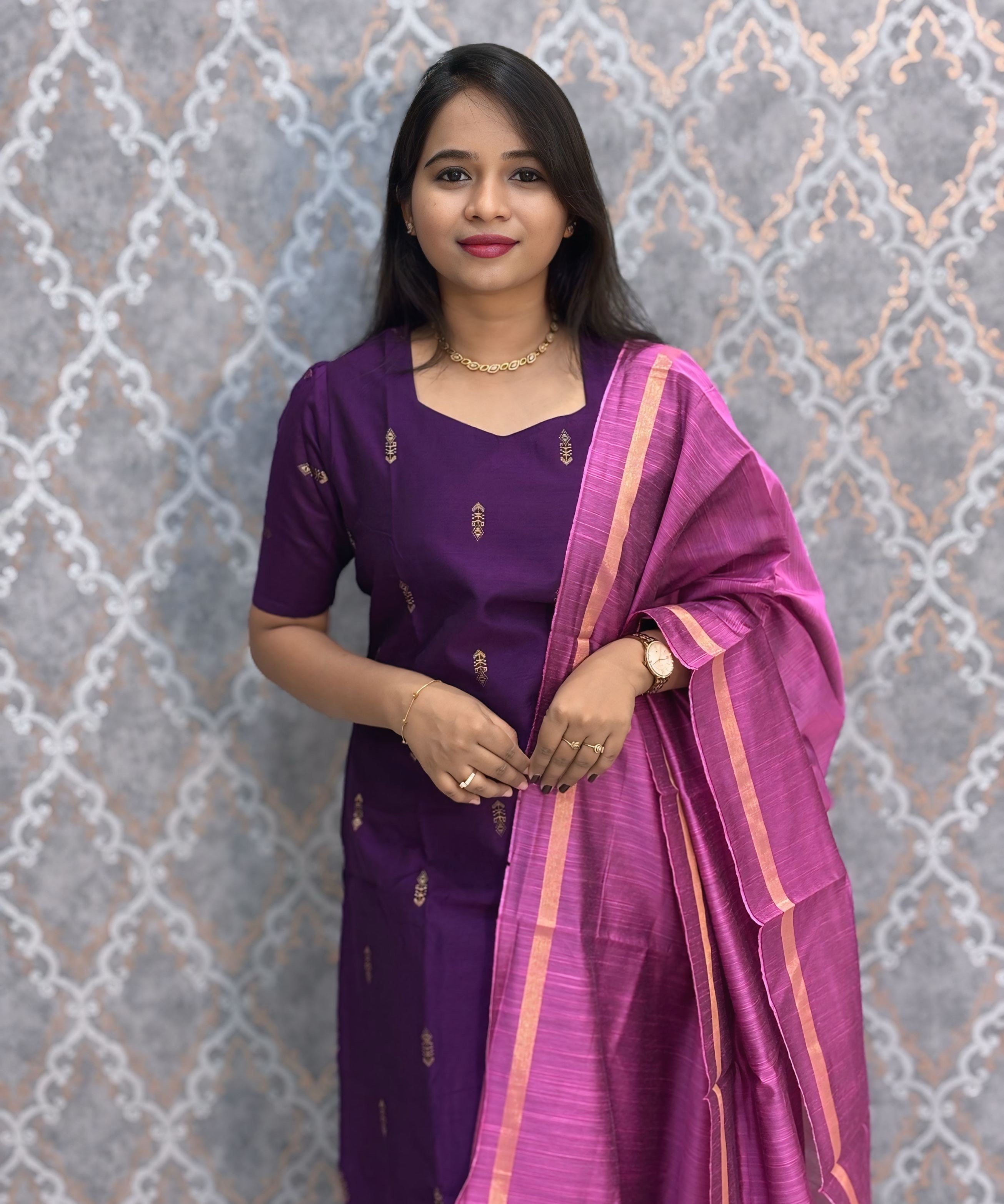 Purple and Pink Color Premium Raw Silk 3 Piece Salwar Set with Lining / LSS194