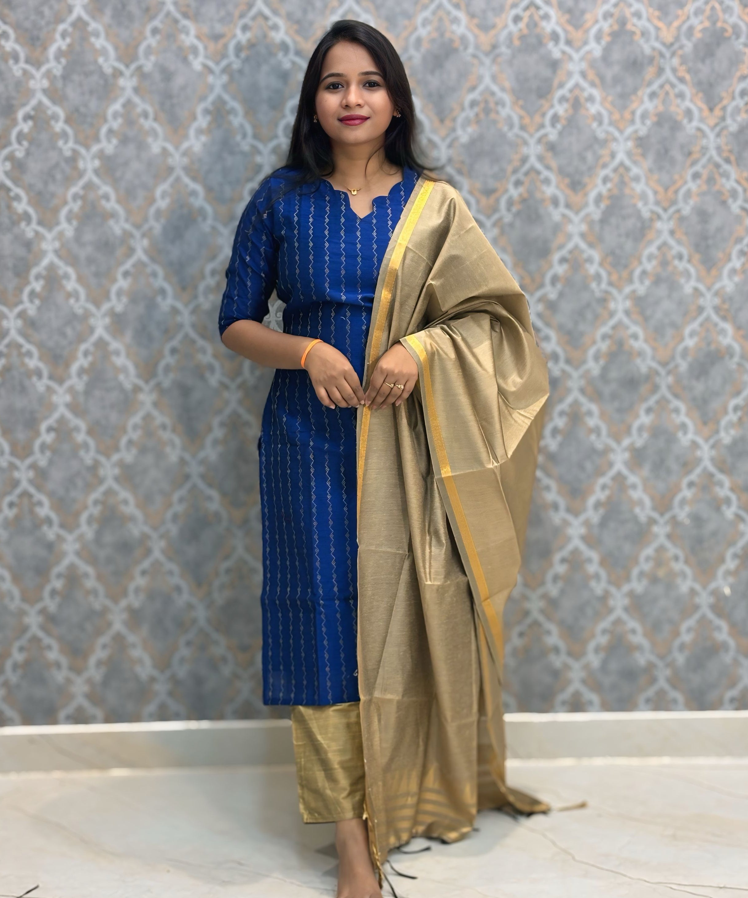 Dark Blue Color Premium Raw Silk 3 Piece Salwar Set with Lining / LSS194