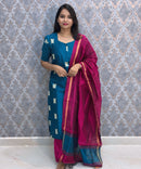 Peacock Blue and Pink Color Premium Raw Silk 3 Piece Salwar Set with Lining / LSS194