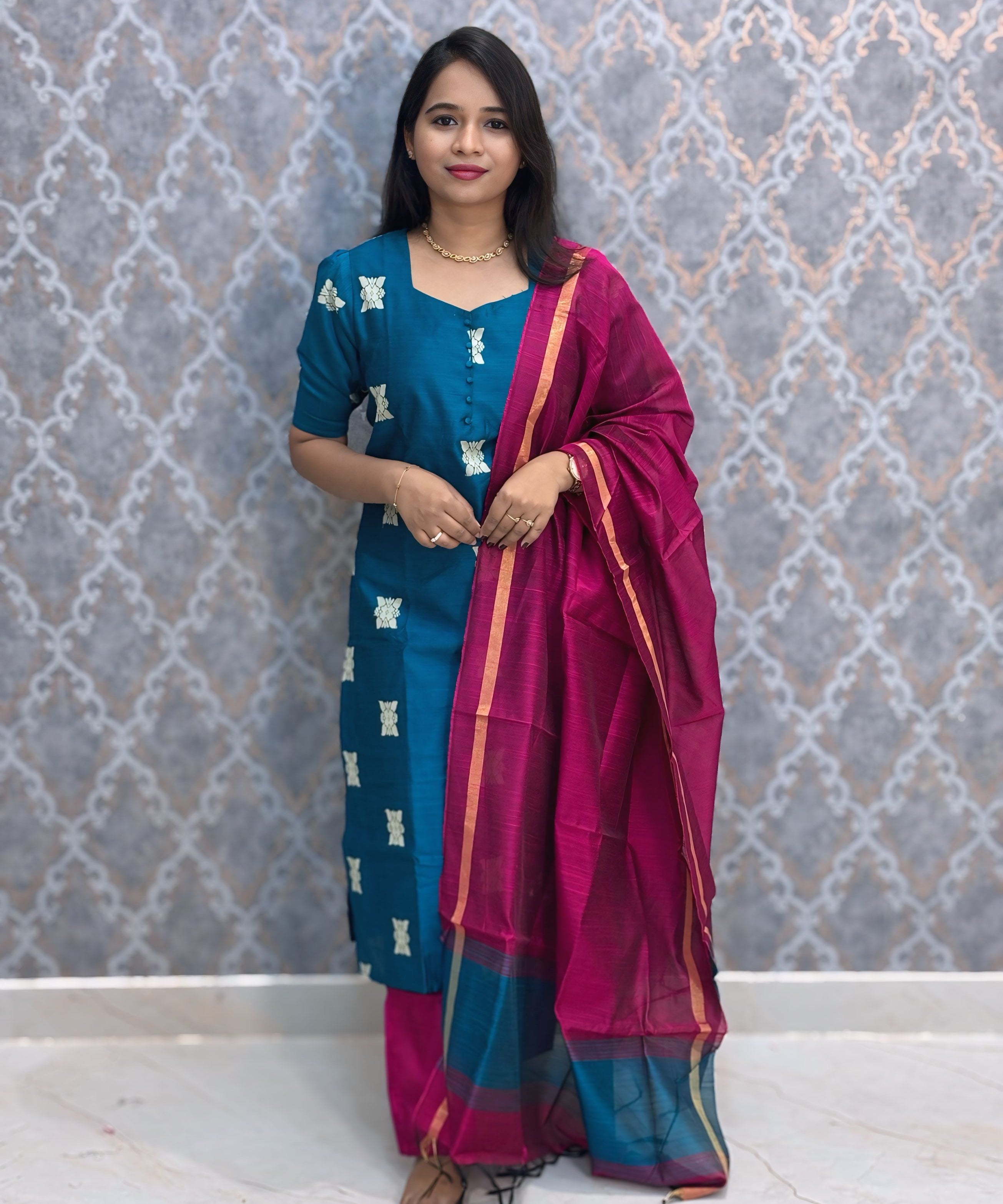 Peacock Blue and Pink Color Premium Raw Silk 3 Piece Salwar Set with Lining / LSS194