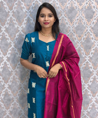 Peacock Blue and Pink Color Premium Raw Silk 3 Piece Salwar Set with Lining / LSS194