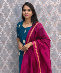 Peacock Blue and Pink Color Premium Raw Silk 3 Piece Salwar Set with Lining / LSS194