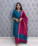 Peacock Blue and Pink Color Premium Raw Silk 3 Piece Salwar Set with Lining / LSS194