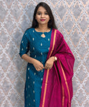 Peacock Blue and Pink Color Premium Raw Silk 3 Piece Salwar Set with Lining / LSS194