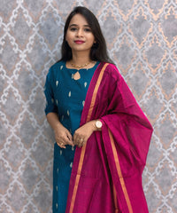 Peacock Blue and Pink Color Premium Raw Silk 3 Piece Salwar Set with Lining / LSS194