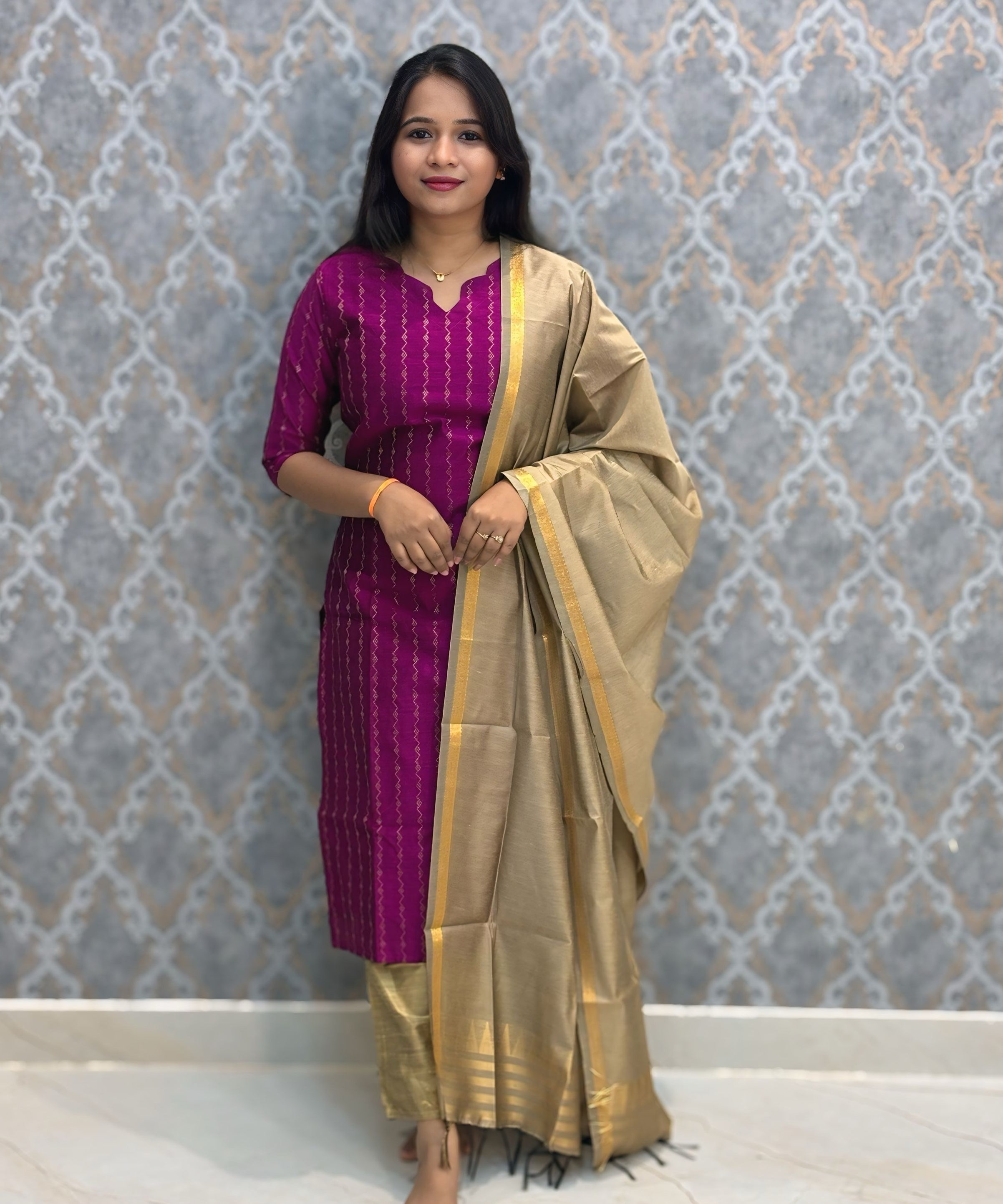 Dark Magenta Color Premium Raw Silk 3 Piece Salwar Set with Lining / LSS194