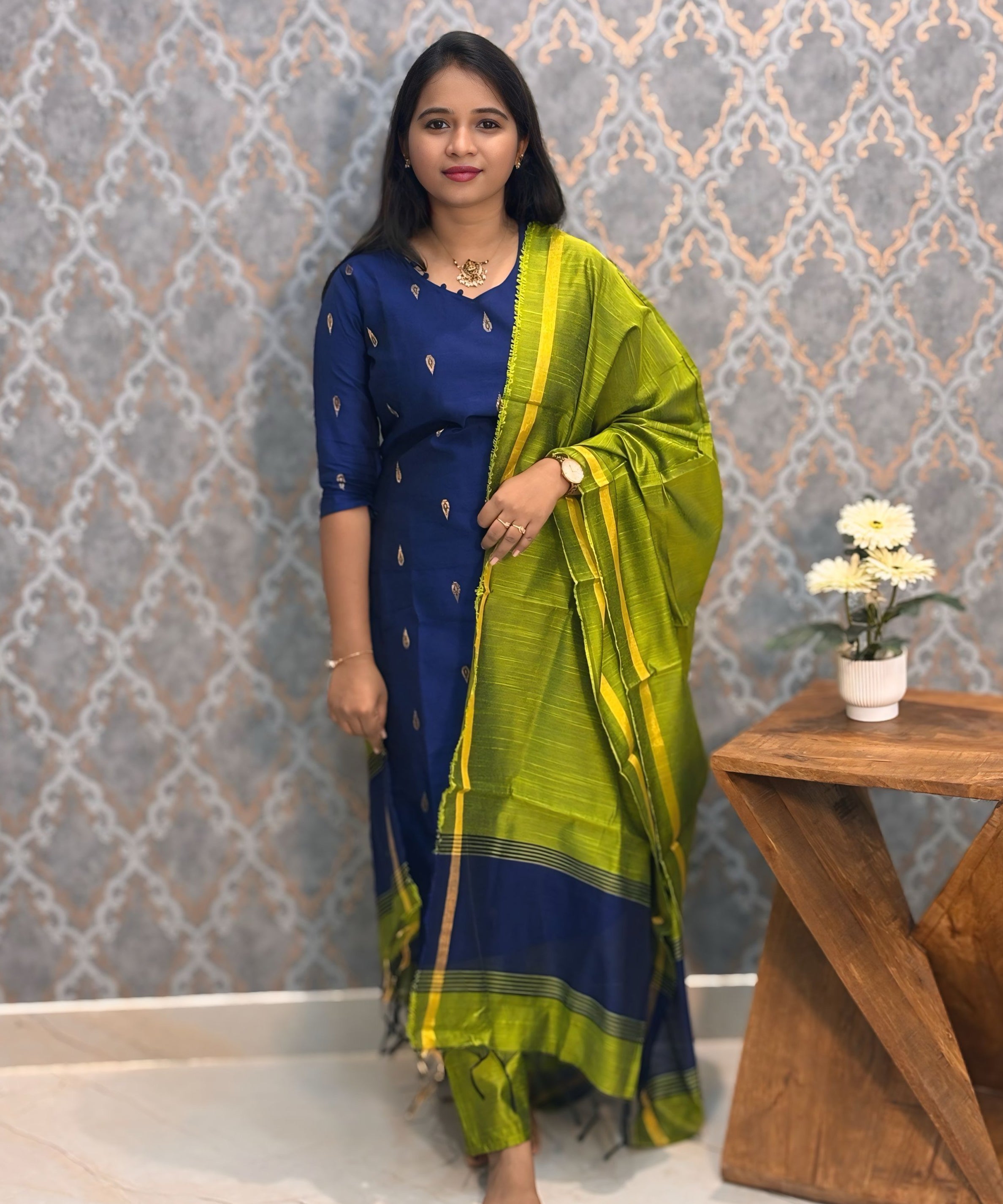 Navy Blue and Green Color with Thilagam Zari Premium Raw Silk 3 Piece Salwar Set with Lining / LSS194