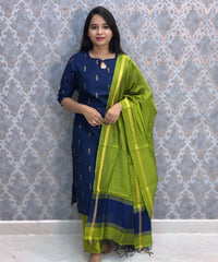 Navy Blue and Green Color Premium Raw Silk 3 Piece Salwar Set with Lining / LSS194