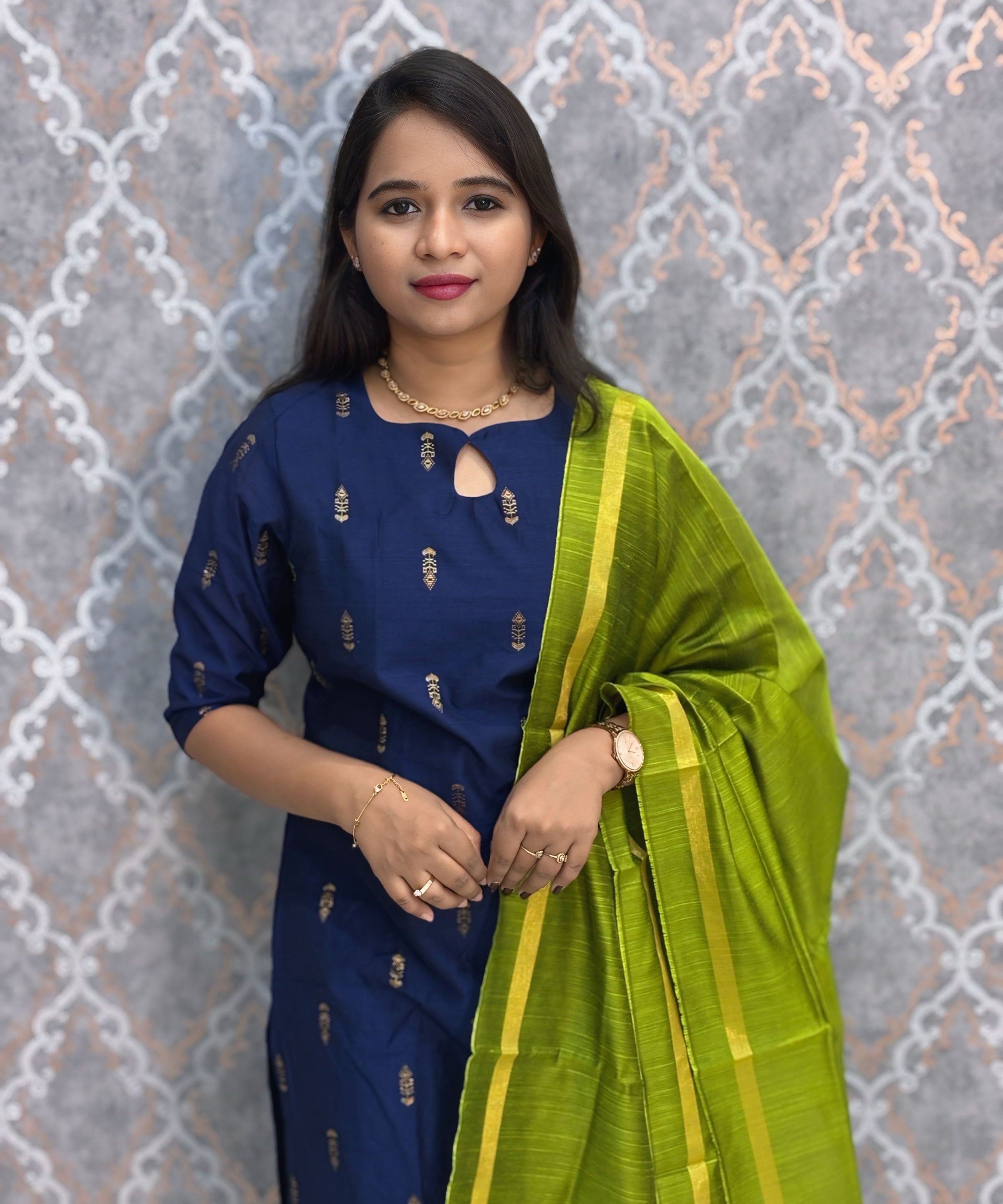 Navy Blue and Green Color Premium Raw Silk 3 Piece Salwar Set with Lining / LSS194