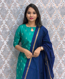 Rama Green and Navy Blue Color Premium Raw Silk 3 Piece Salwar Set with Lining / LSS194