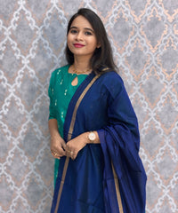 Rama Green and Navy Blue Color Premium Raw Silk 3 Piece Salwar Set with Lining / LSS194