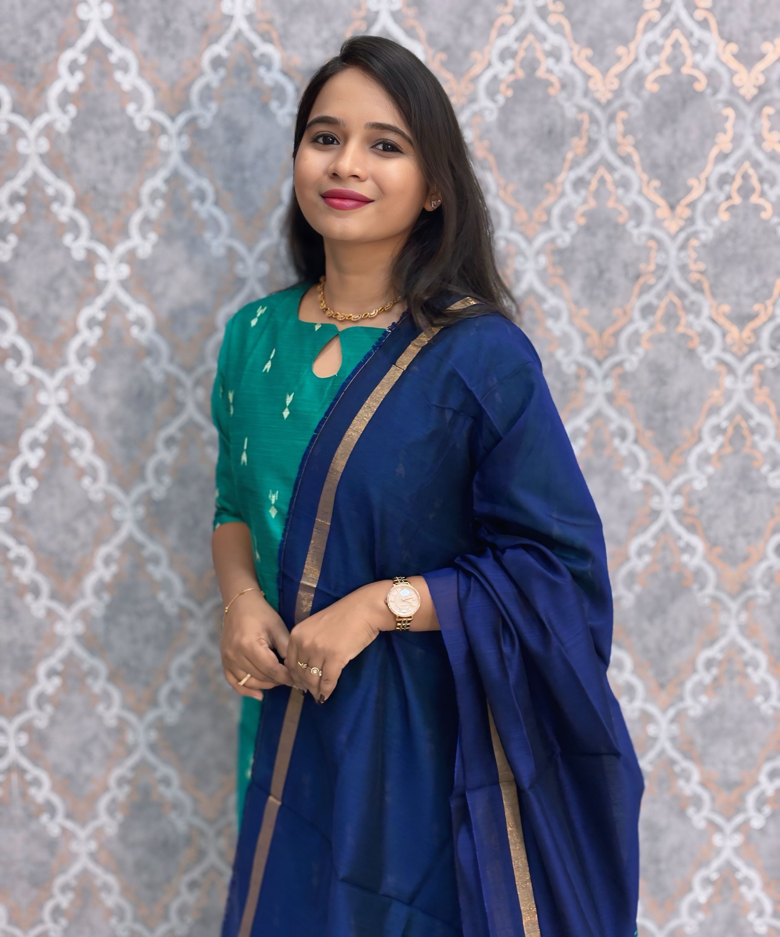 Rama Green and Navy Blue Color Premium Raw Silk 3 Piece Salwar Set with Lining / LSS194