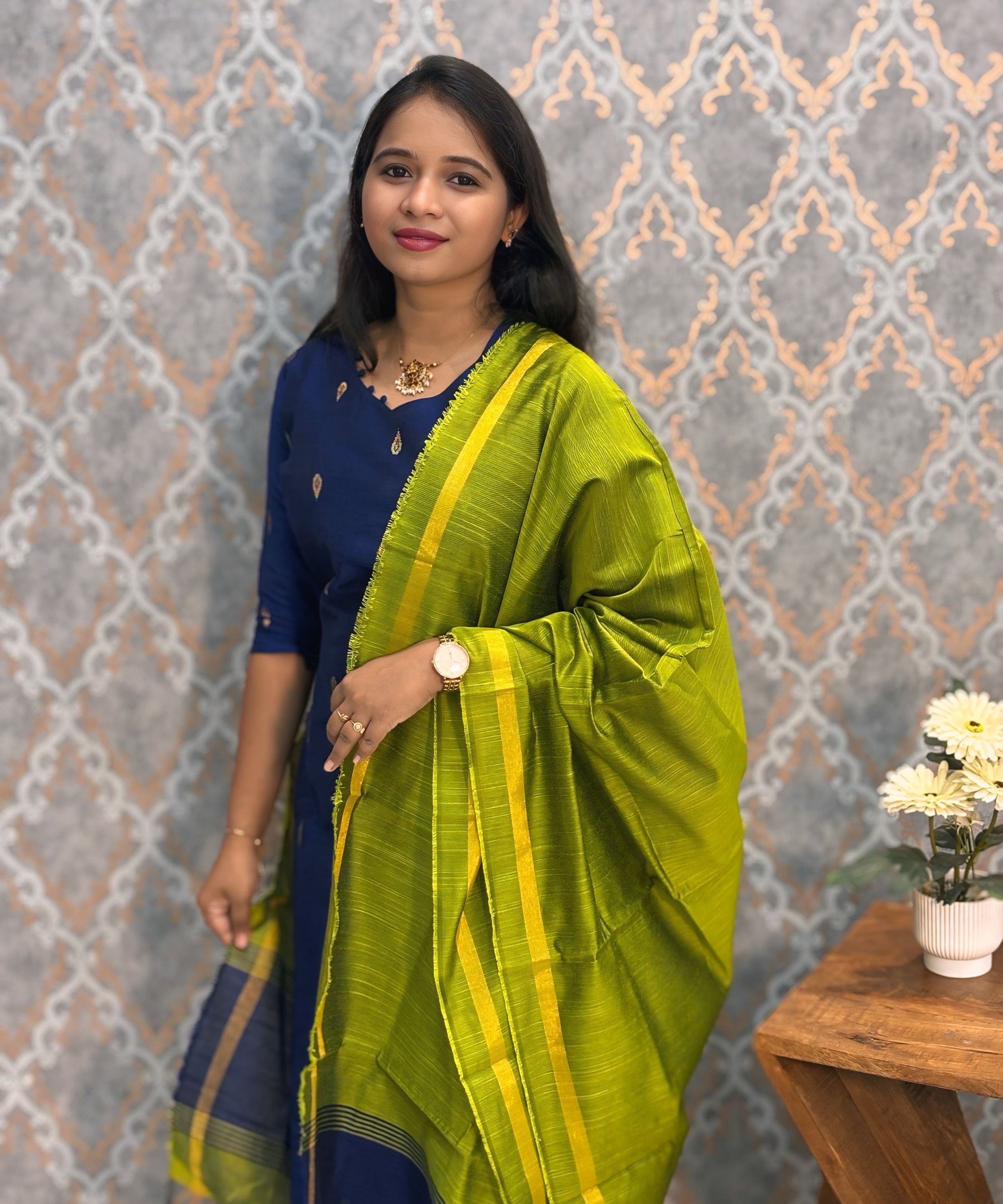 Navy Blue and Green Color with Thilagam Zari Premium Raw Silk 3 Piece Salwar Set with Lining / LSS194