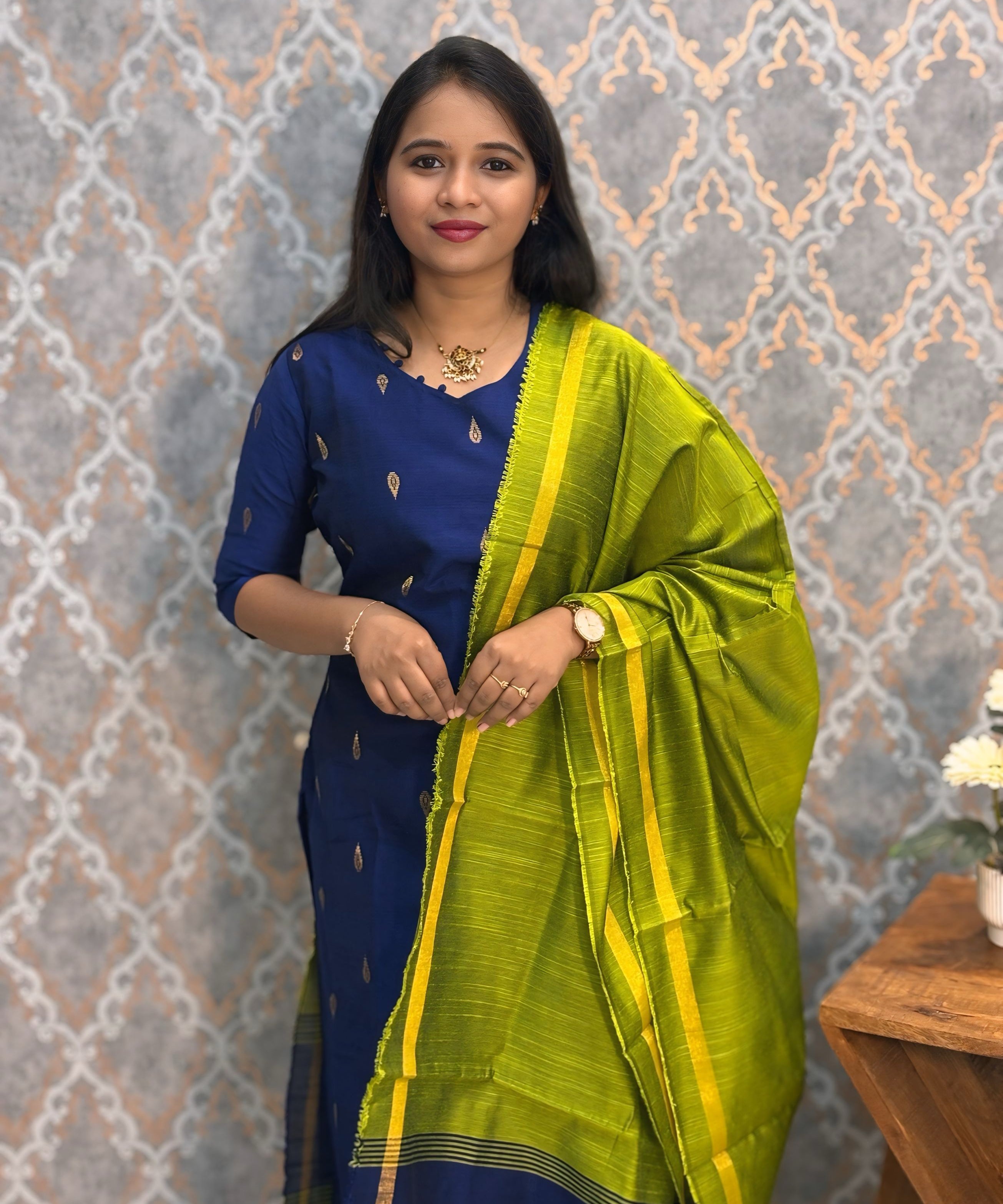 Navy Blue and Green Color with Thilagam Zari Premium Raw Silk 3 Piece Salwar Set with Lining / LSS194