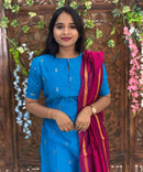 Blue and Pink Color Round Neck Premium Raw Silk 3 Piece Salwar Set with Lining / LSS194