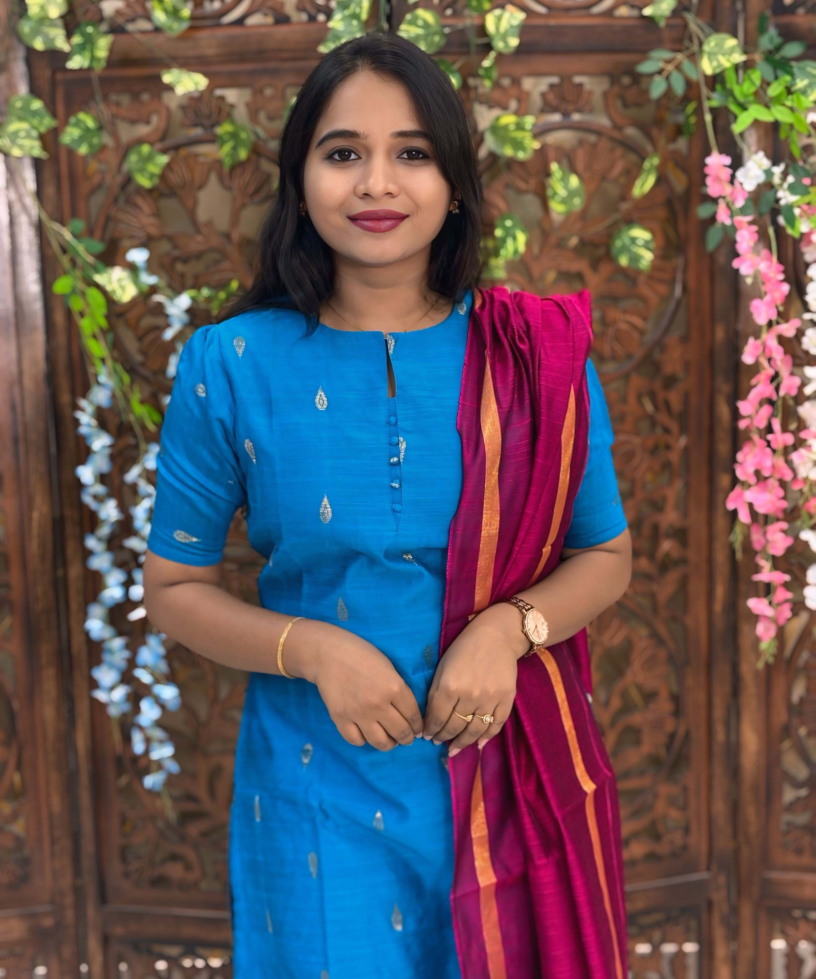 Blue and Pink Color Round Neck Premium Raw Silk 3 Piece Salwar Set with Lining / LSS194